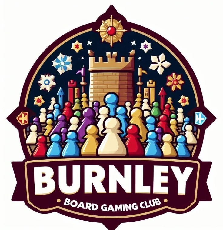 Burnley Board Gaming Club logo, with colourful game pieces around a castle